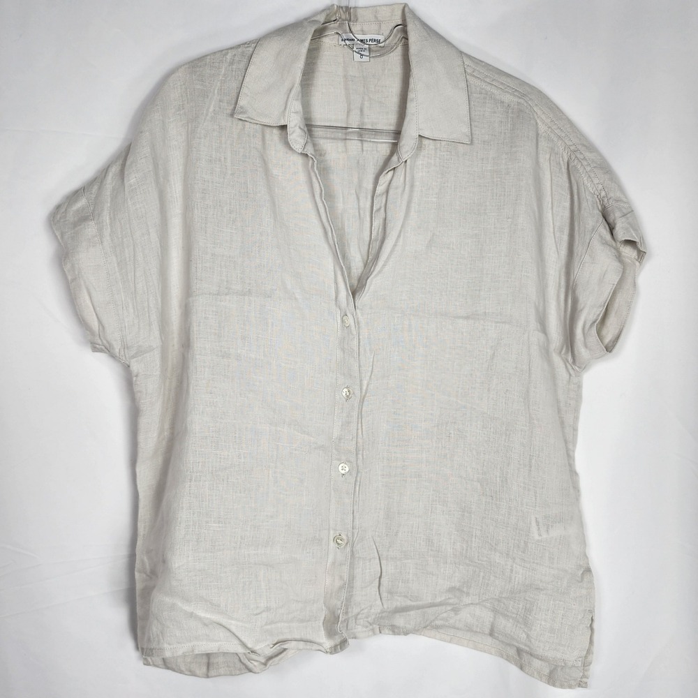 James Perse Linen Button Up Shirt Short Sleeve Top Lightweight Neutral Womens 0